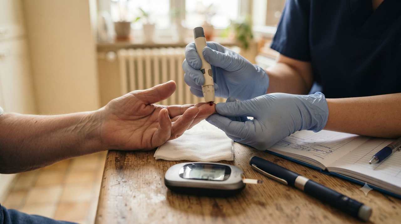 Infirmière à domicile réalisant un contrôle de glycémie au bout du doigt d'une patiente âgée à Bruxelles