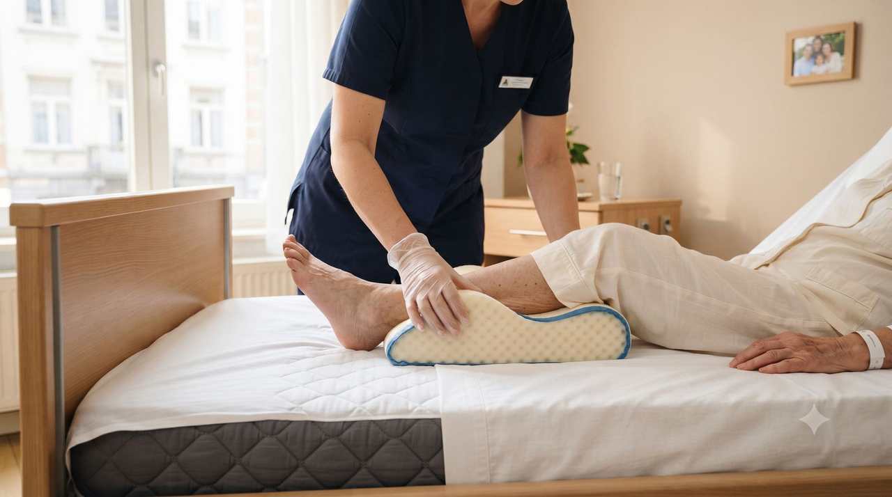 Infirmière installant un coussin de positionnement pour prévenir les escarres à domicile