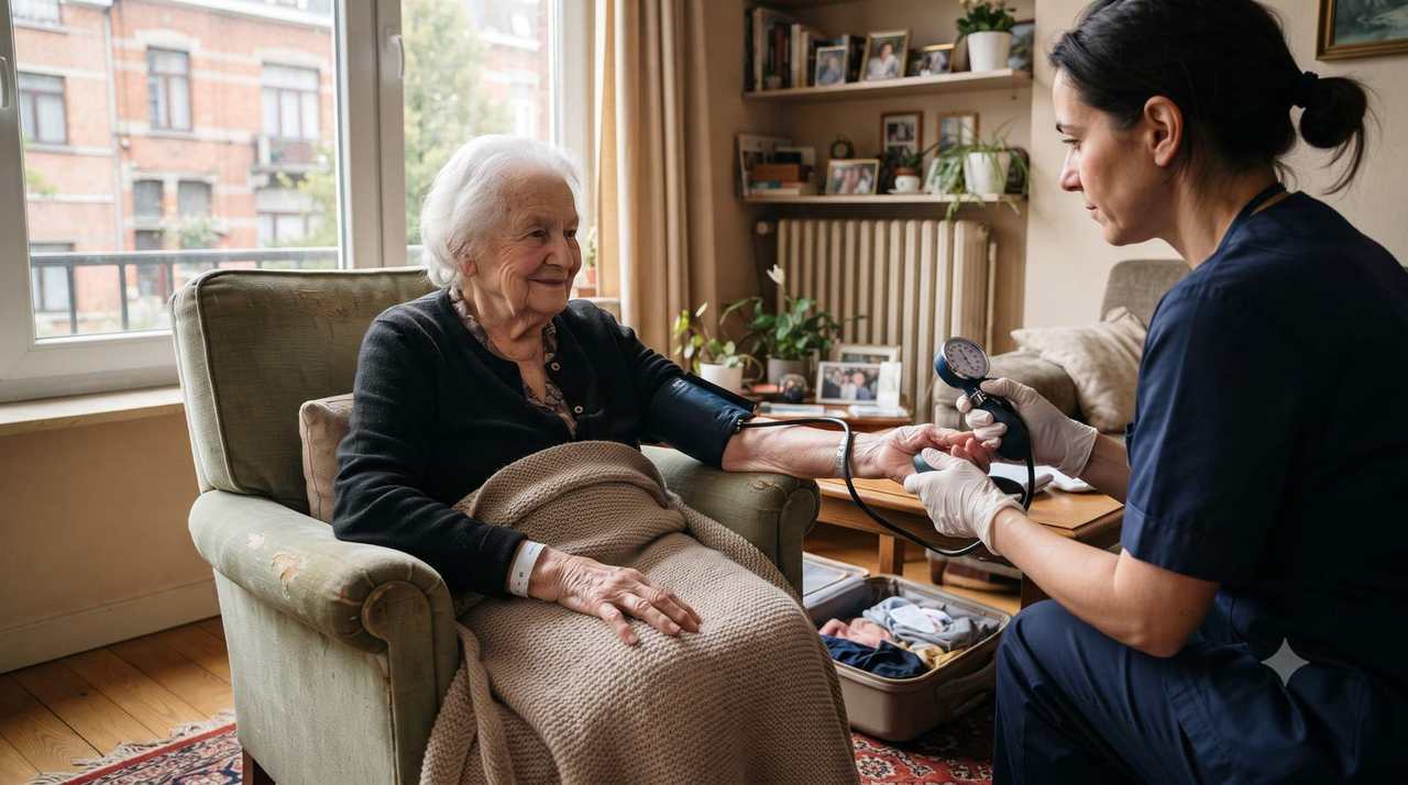Infirmière prenant la tension d'une patiente âgée de retour chez elle après une hospitalisation