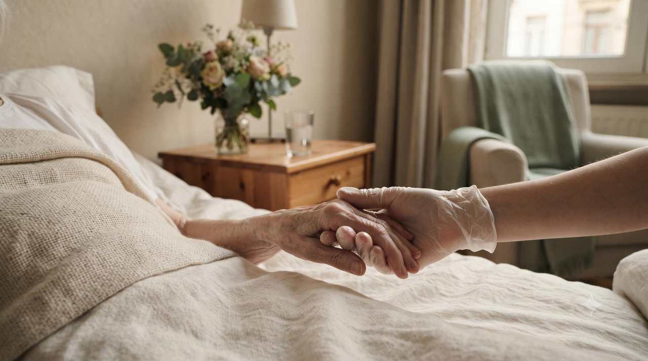 Main d'une personne âgée tenue par une infirmière lors de soins palliatifs à domicile