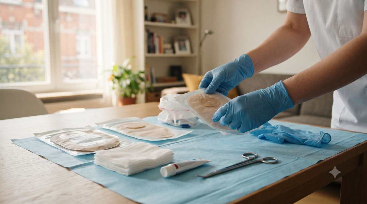 Matériel de soins de stomie préparé sur un champ stérile par une infirmière à domicile